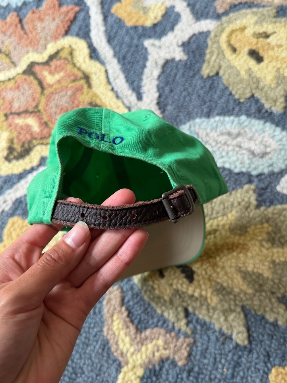 Green Polo Ralph Lauren Embroidered Blue Leather Strap Baseball Hat - Picture 5 of 5